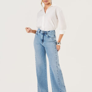 Calça Wide C/ Recortes Feminina - Lavagem Clara | Eme Jeans