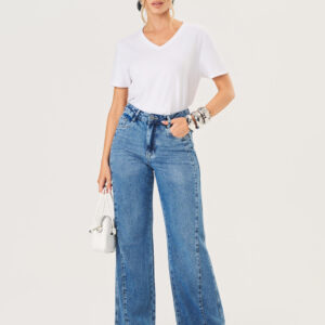 Calça Wide C/ Recortes Feminina - Lavagem Escura | Eme Jeans