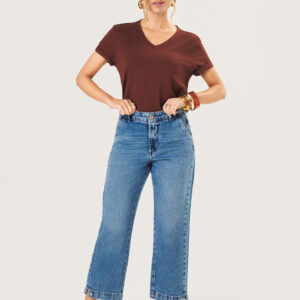 Calça Reta Cropped 100% Algodão Feminina - Lavagem Sky Off | Eme Jeans