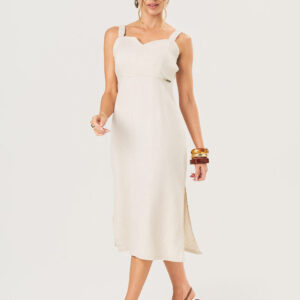 Vestido Midi Linho Feminino - Off White | Eme Jeans